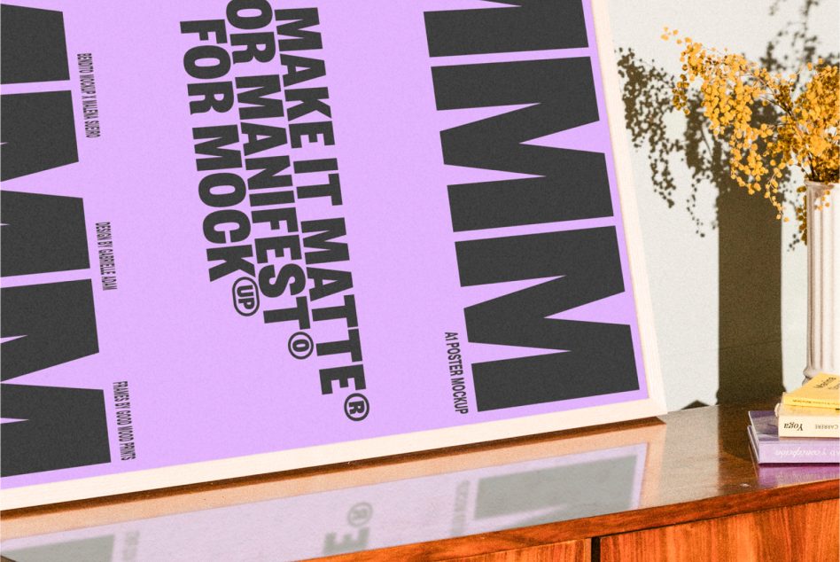 Poster mockup on a wooden desk with violet background and bold black text Make It Matte for Manifest framed art for designers digital asset for mockups templates.