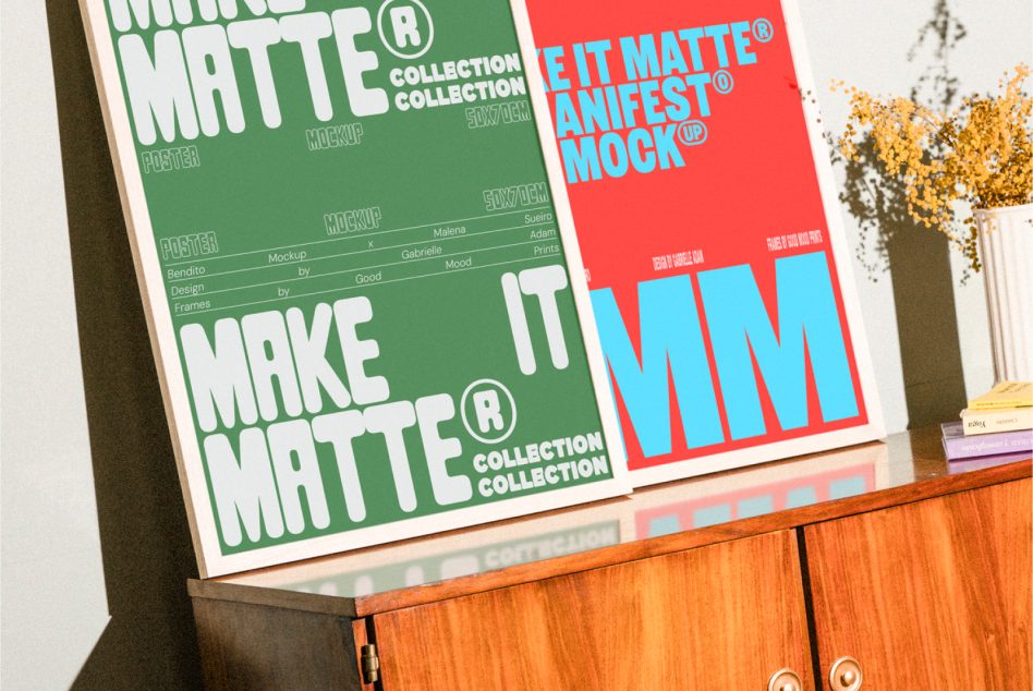 Close up of green, red blue A2 posters on wooden cabinet with matte finish display mockup