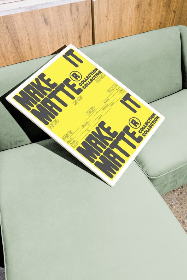 Poster mockup with bold black text on a bright yellow background resting on a light green couch. Ideal for branding, graphic design, and marketing projects.