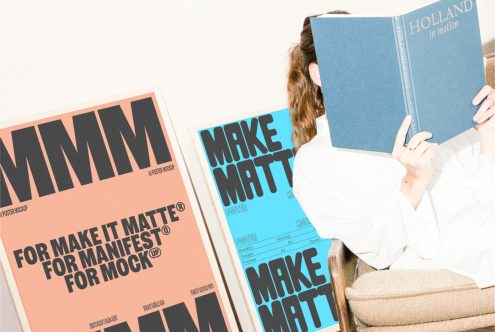 Person reading book with two matte poster mockups displayed next to them in different colors perfect for design projects templates mockup essential graphics