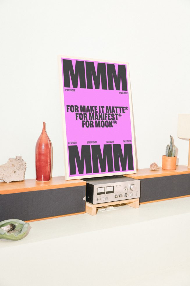 Poster mockup displaying bold black text on a pink background on a wooden shelf with vases and rocks. Ideal for graphic designers mockups templates digital assets.