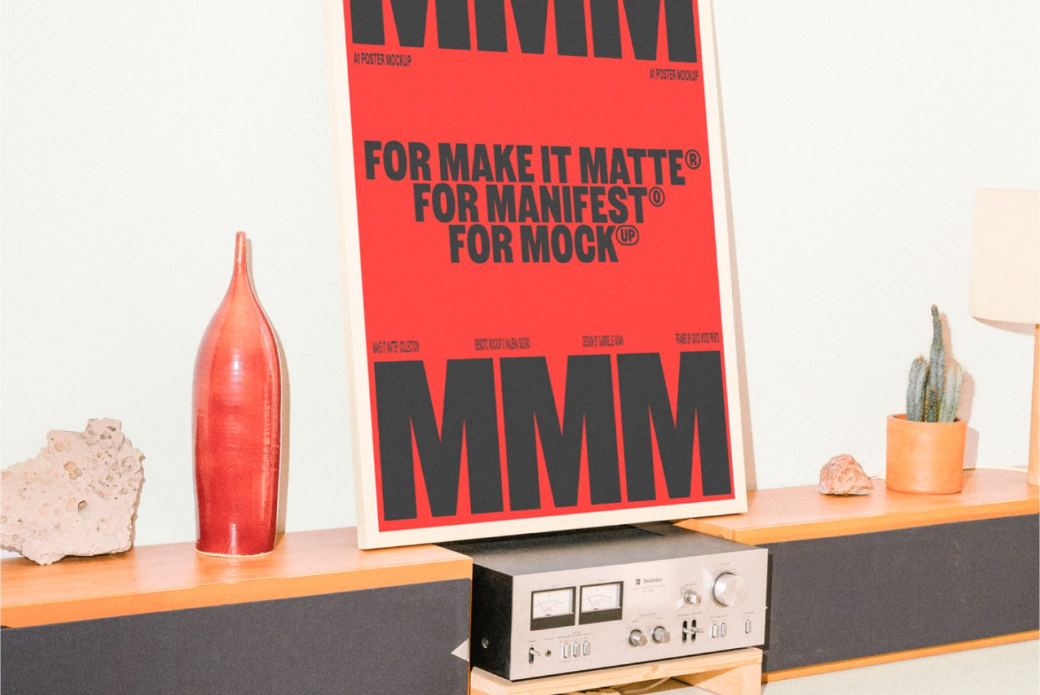 A1 poster mockup displayed on a wooden shelf next to a red vase and a potted cactus ideal for showcasing design templates and graphic designs.