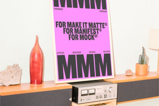 A1 poster mockup on a wooden shelf, next to a red vase and cactus, perfect digital asset for designers. Keywords: mockup, poster, design, template.