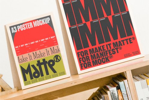 A3 and A2 poster mockup templates on a wooden shelf for designers to showcase artwork. Modern bold typography with vibrant red and green backgrounds.