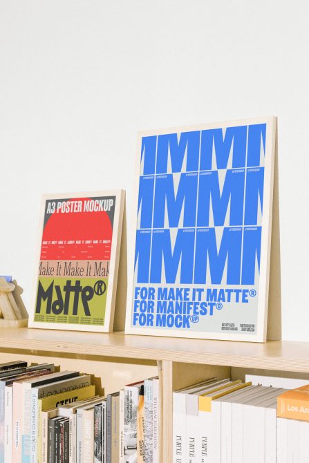 A3 and A2 poster mockup templates for designers displayed on a wooden shelf above a collection of books ideal for showcasing typography and layout designs