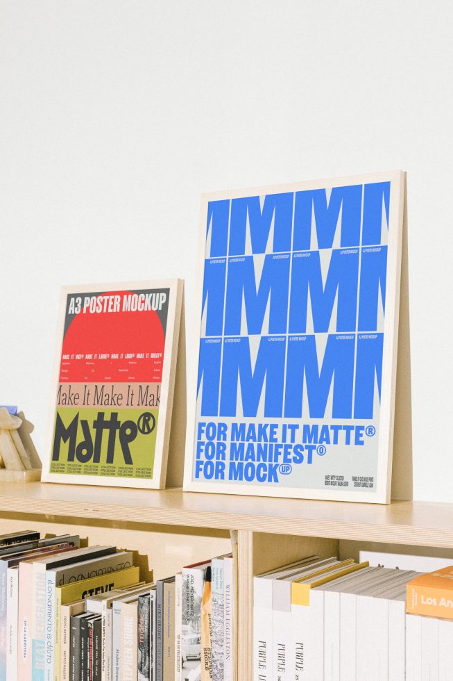 A3 and A2 poster mockup templates for designers displayed on a wooden shelf above a collection of books ideal for showcasing typography and layout designs