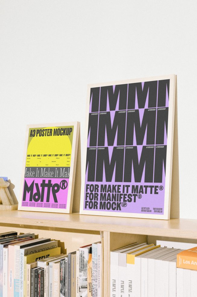 Two A3 and A4 poster mockups on wooden stands, text on shelves below. Perfect for graphic designers needing realistic mockup presentations and templates.