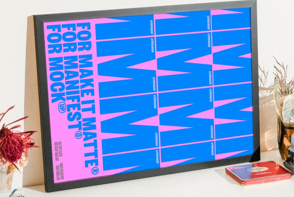 Digital poster mockup featuring bold blue and pink typography. Perfect for design presentations, showcasing vibrant and modern graphic examples for designers.