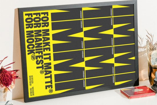 Bold yellow and black typographic poster mockup in a wooden frame on a table featuring modern graphic design perfect for showcasing digital assets for designers.