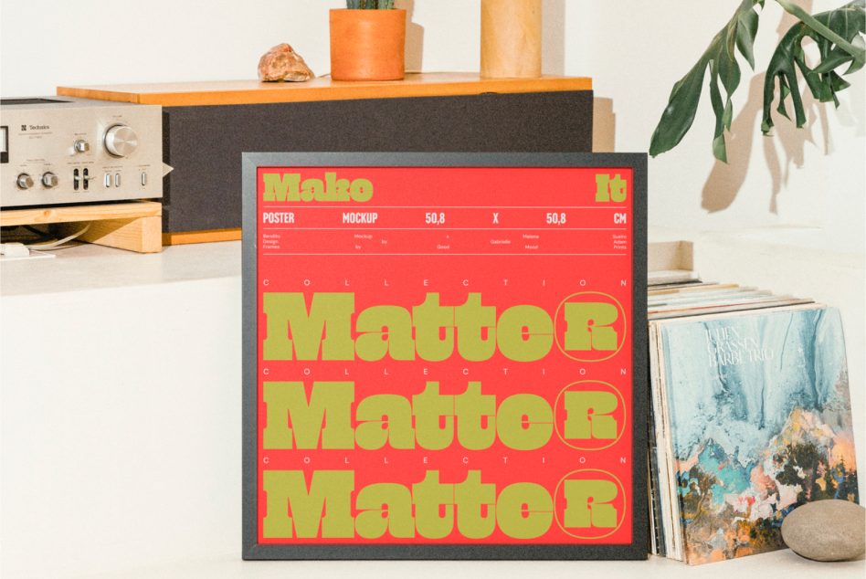 Bold red poster mockup with lime yellow text displayed on studio shelf with vintage gear
