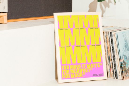 Modern A2 poster mockup with bold yellow and pink typography displayed in a wooden frame, ideal for graphic design, typography, and poster presentations.