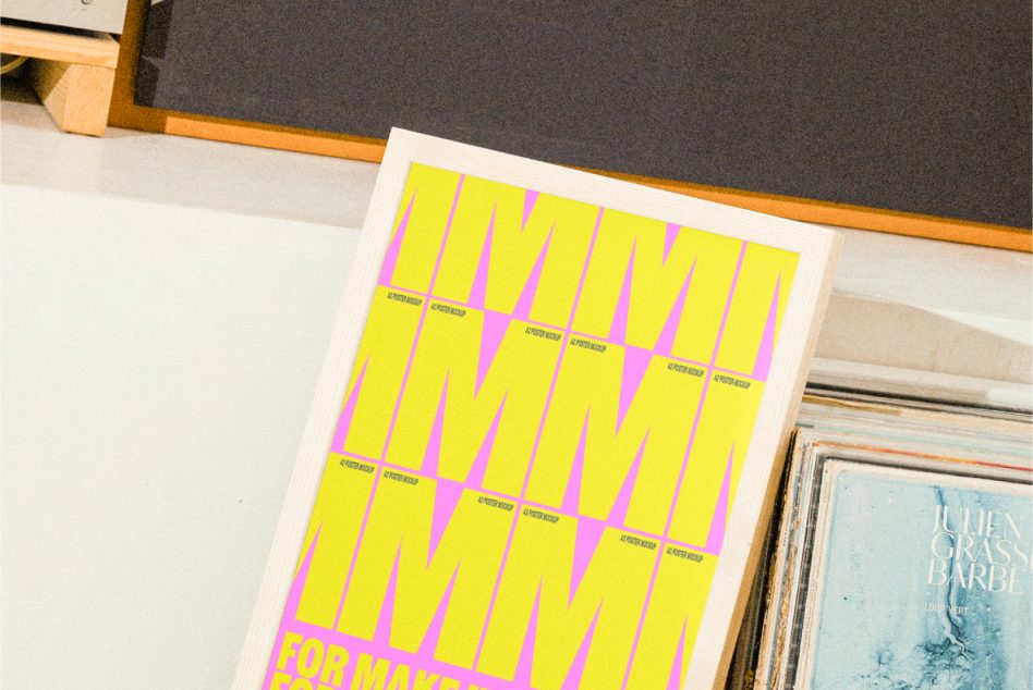 A2 poster mockup on a shelf showing bold yellow and pink design suitable for graphics designers for portfolios marketing and presentations in digital assets marketplace