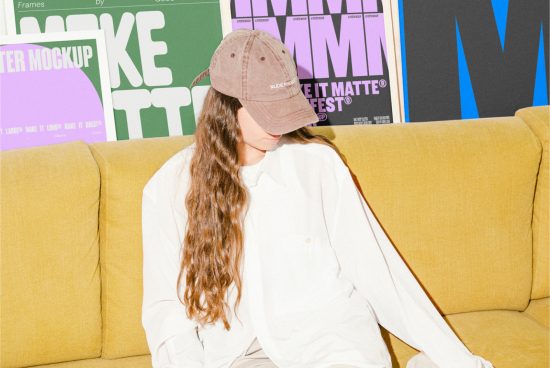 Woman wearing a beige cap and white shirt sitting on a yellow couch with mockup posters in vibrant green and purple colors behind her. Graphic design asset.