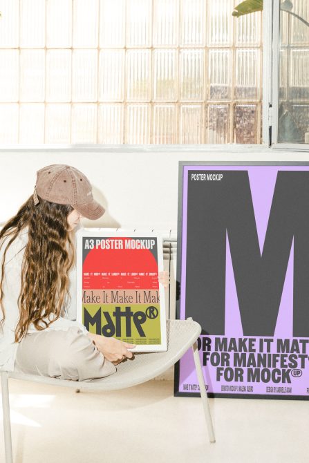 Woman holding red A3 poster mockup with purple W letter displayed on wall