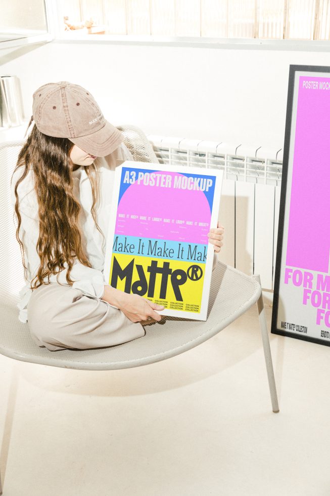 Designer holding A3 poster mockup with vibrant colors and modern typography ideal for digital assets marketplace. Mockups Templates Graphics suitable alt text