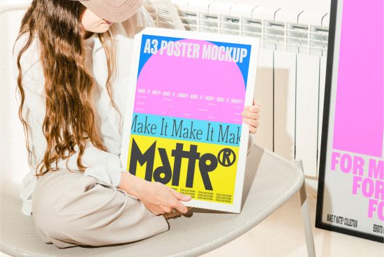 Woman holding an A3 poster mockup on colorful paper sitting on a modern chair. Ideal for designers creating branding material. SEO keywords: Mockup, Poster, Design.