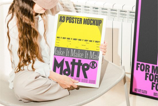 A3 poster mockup in a minimalist setting held by a woman, perfect for showcasing design projects. Ideal for designers looking for high-quality mockups.