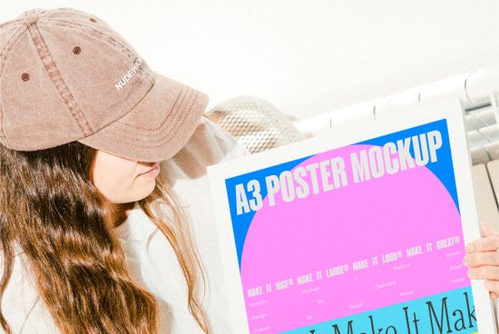 A3 poster mockup held by a person wearing a brown cap, ideal for showcasing designs and art in vibrant colors for designers and digital artists.