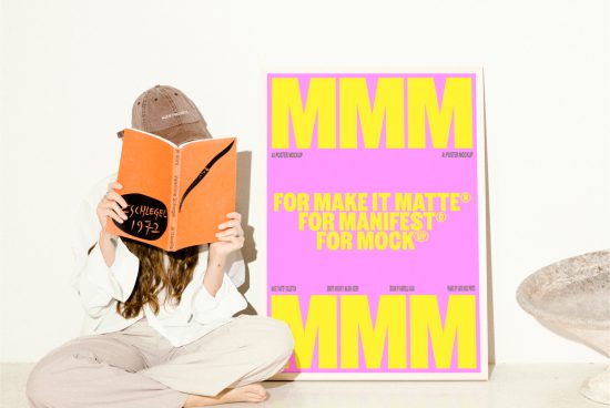 Designer reading orange book beside bold yellow and pink poster mockup. Ideal for artists, template creators, typography, graphic design. High-quality mockup.