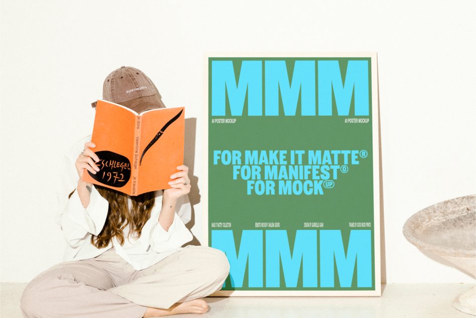 A person in relaxed attire sits holding a book obscuring their face next to an A1 poster mockup with bold typography. Ideal for designers creating poster presentations.