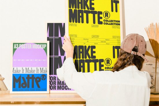 Designer placing vibrant A3 poster mockup with bold typography on wall surrounded by different graphic design posters in studio for designers and graphic artists.