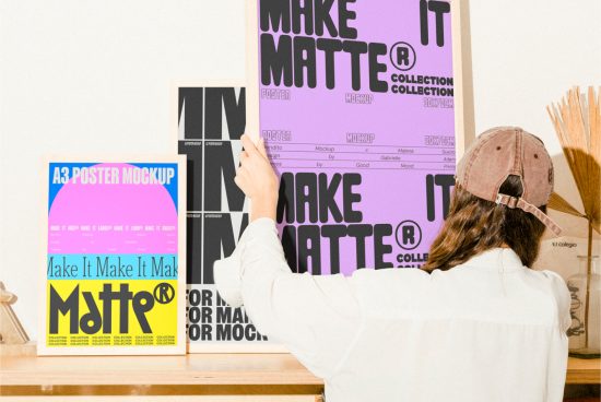 Designer adjusting A3 poster mockup; vibrant purple, yellow, and blue colors; Poster Mockups category suited for digital designers, marketing; photo realistic mockup