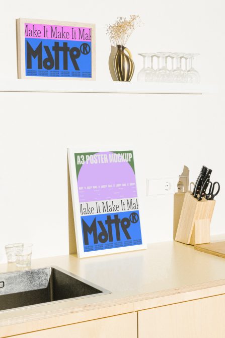 A3 poster mockup with purple, blue color blocks shown on shelf, A3 standing version
