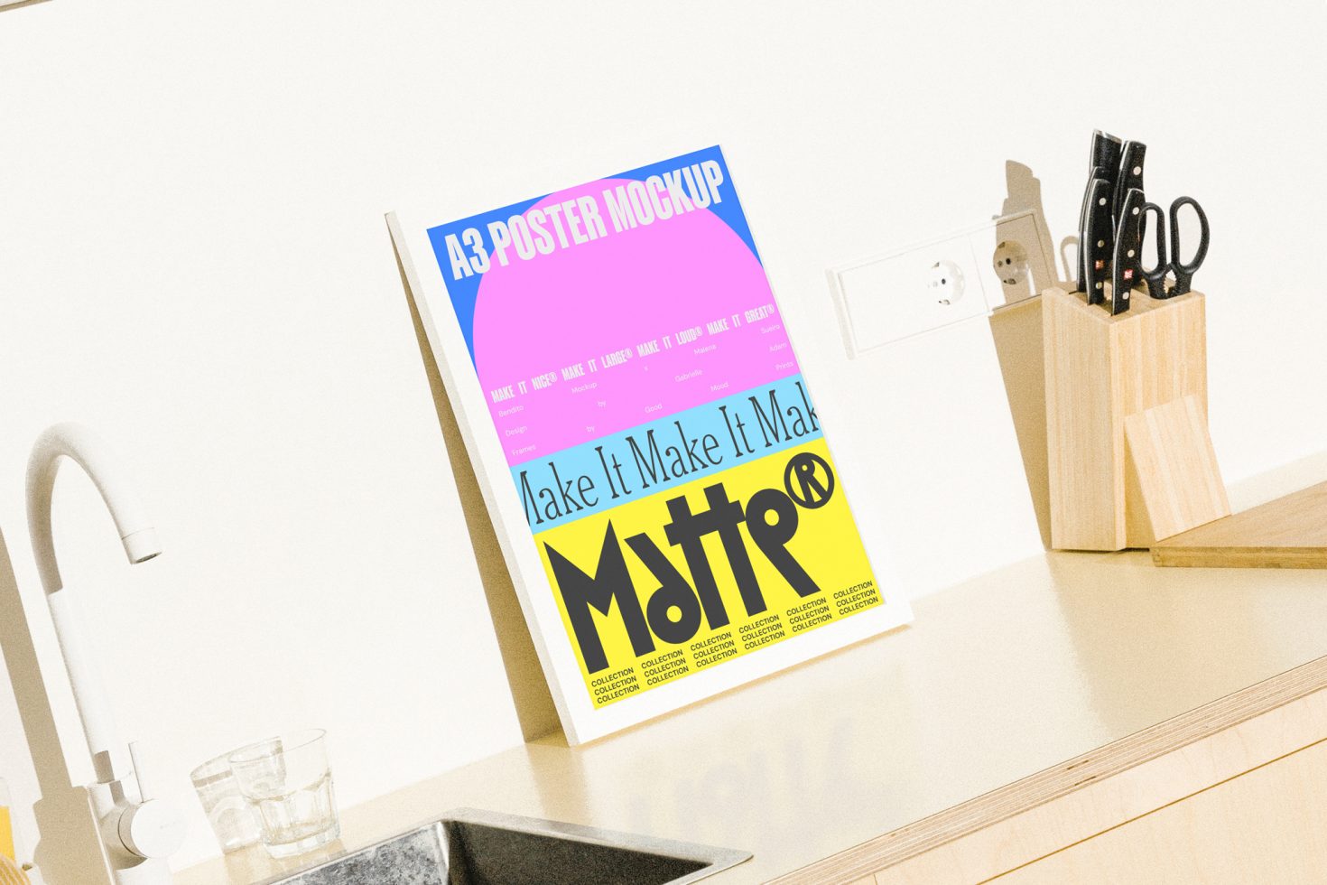 A3 poster mockup displayed on a kitchen counter next to a knife block showcasing colorful retro design ideal for designers seeking poster graphics mockups.