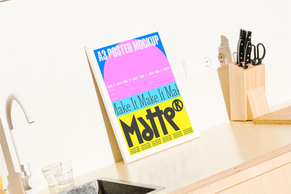 A3 poster mockup with magenta, blue, yellow color sections displayed on desk