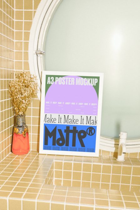 A3 poster mockup in a tiled bathroom setting with vase on counter suitable for design projects, showcasing graphic templates and mockups for designers.