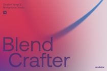 Photoshop template showing pink to purple gradient with blue diagonal stripe, text reads "Blend Crafter"