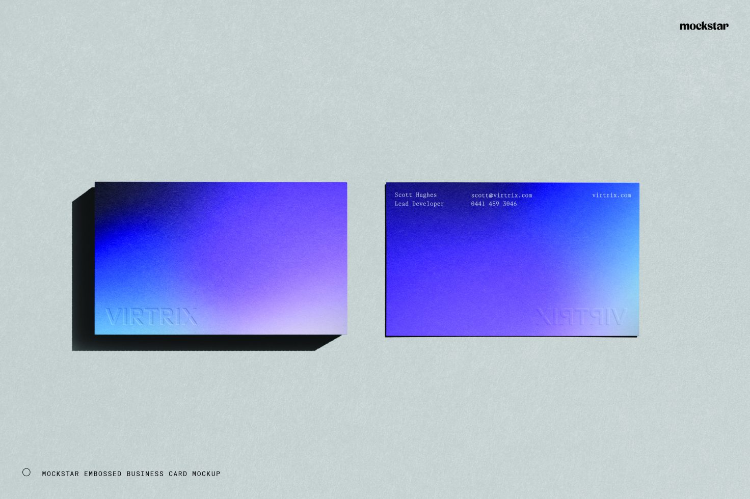 Abstract blue and purple embossed business card mockup with shadow effect. Suitable for showcasing branding, identity, design templates and print materials.