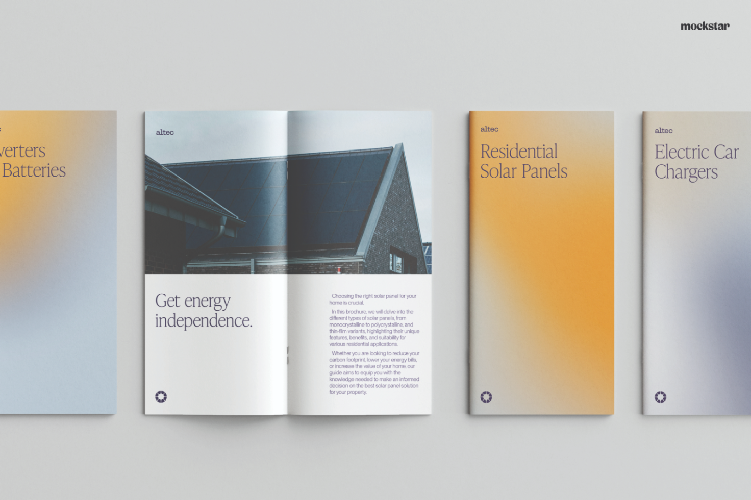 A set of brochure mockups for clean energy: Inverters and Batteries, Residential Solar Panels, and Electric Car Chargers. Ideal for designers working on marketing templates.