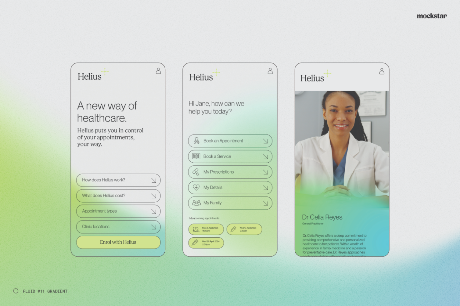 Healthcare app UI mockup showcasing user profile, appointment booking, and service options with gradient design perfect for designers creating medical app templates.