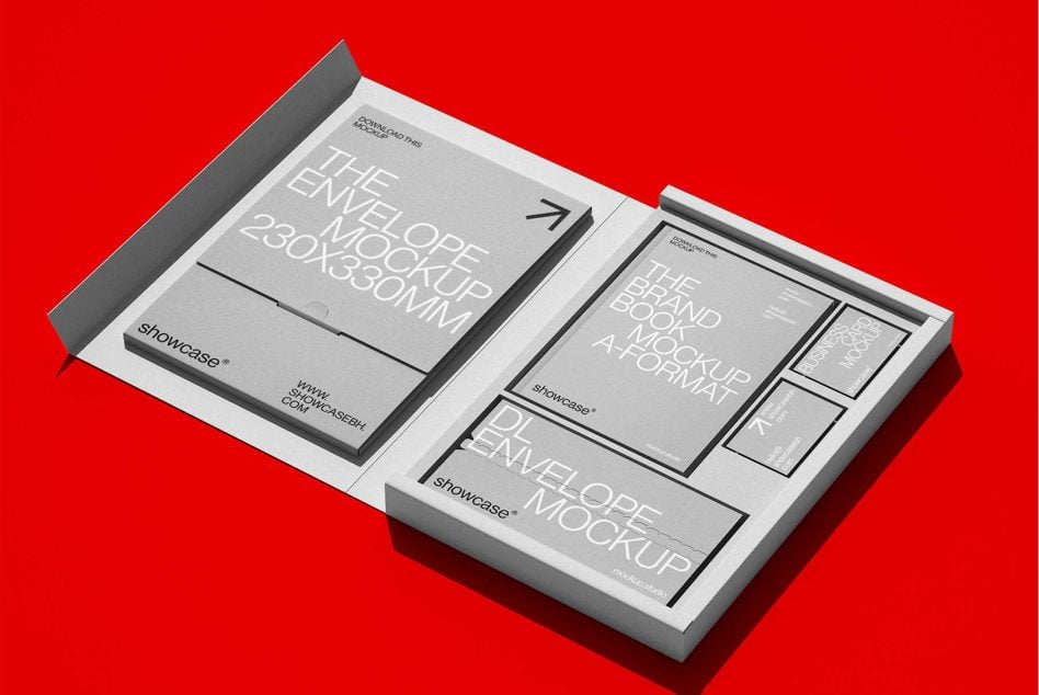 Open box mockup with envelope card layouts inside on bright red background
