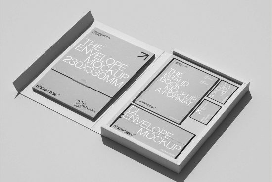 Mockup showcases various stationery designs in a boxed set. Includes envelope mockup 230x330mm brand book mockup business card mockup. Ideal for designers.