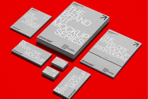 Brand Kit Mockup Series on red background showcasing various stationery items. Mockups include brand book, envelope, business card. Ideal for designers.