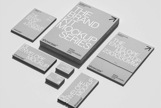 Brand kit mockup series showcasing various formats including brand book, envelope, and business card mockups. Perfect for designers. Keywords mockup branding template