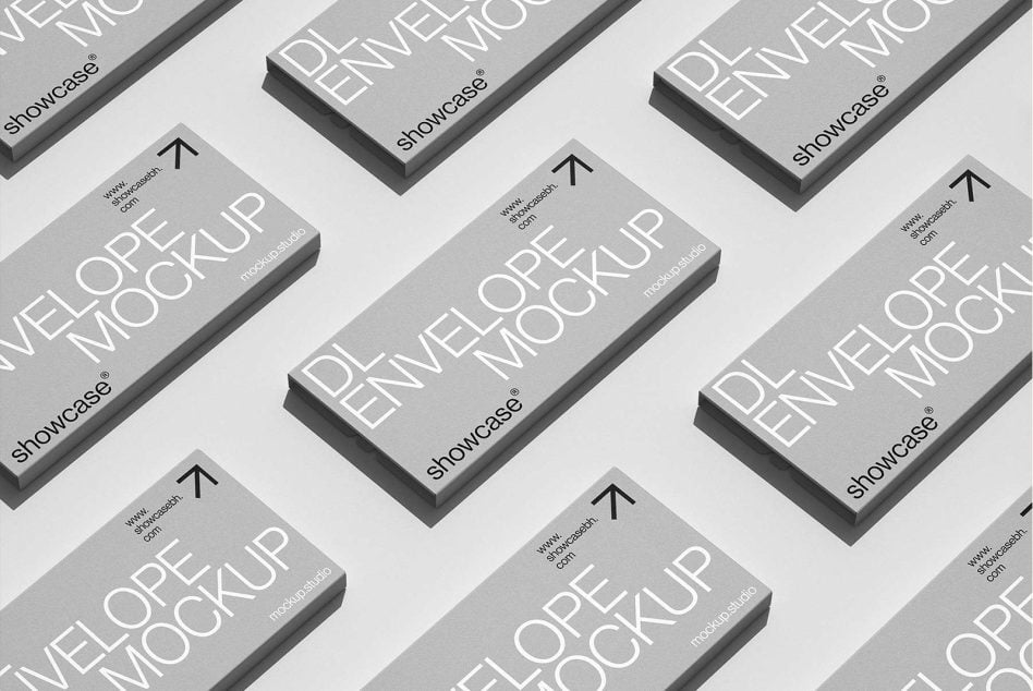 DL envelope mockup featuring multiple grey envelopes with white text arranged in a diagonal pattern clean modern design ideal for showcasing branding