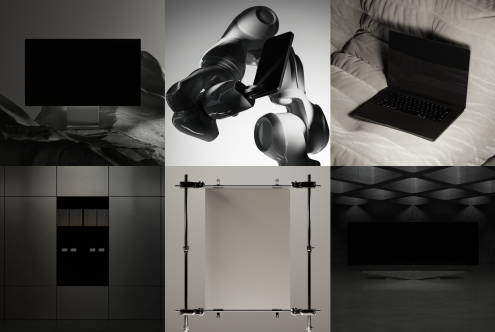 Collection of dark-themed mockups including computer monitor, robotic arm, laptop, display panels and backdrop stand for designers in digital assets marketplace.