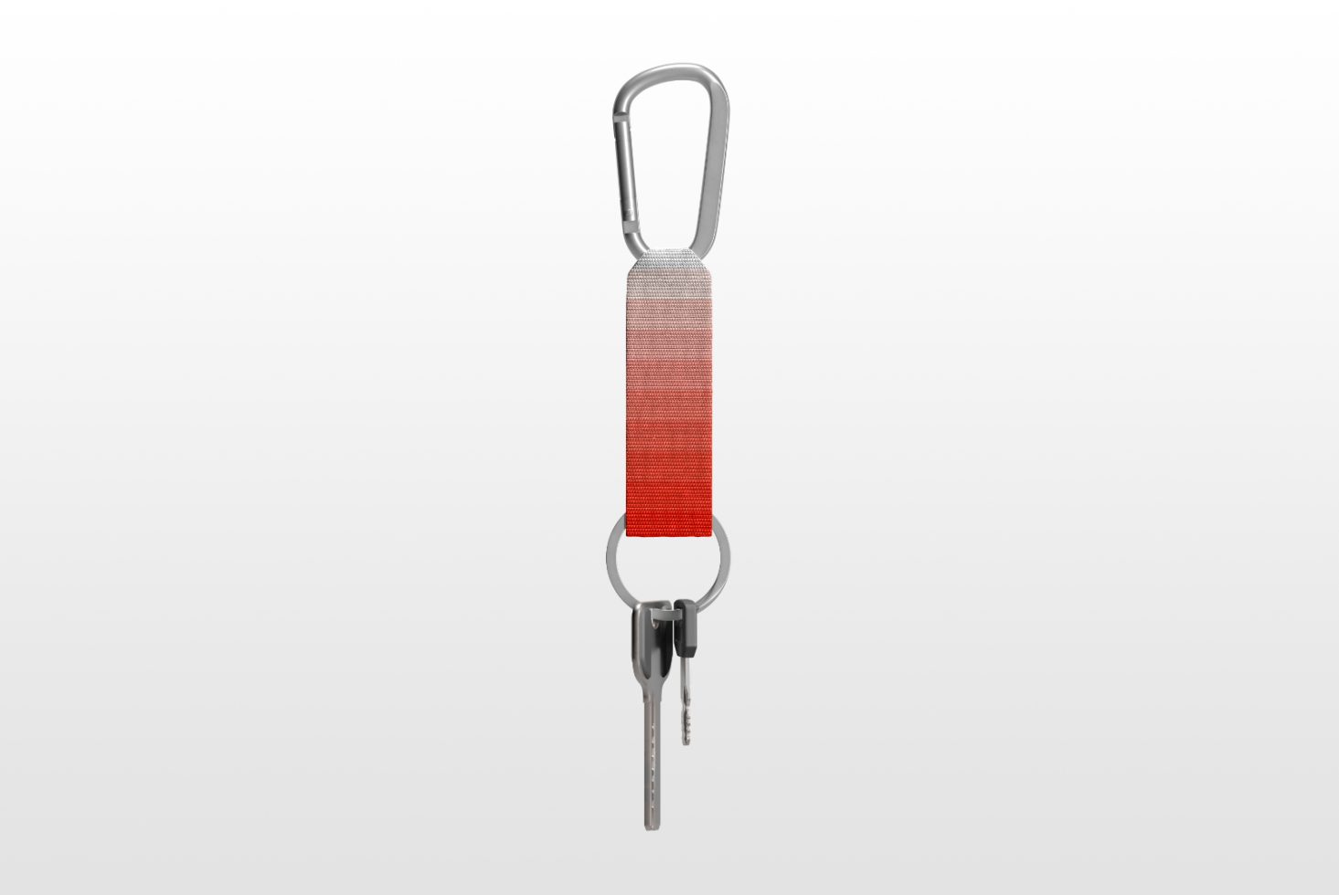 Keychain mockup with a gradient red strap and metal carabiner on a white background perfect for designers digital assets templates and mockup collections