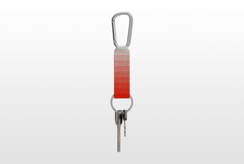 Keychain mockup with a gradient red strap and metal carabiner on a white background perfect for designers digital assets templates and mockup collections