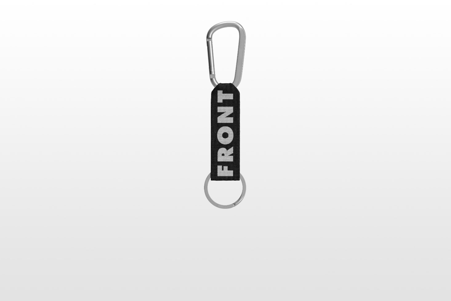 Keychain mockup showcasing a black fabric loop with the text FRONT and a metal carabiner and key ring on a white background. Ideal for design presentations.