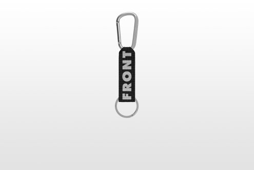 Keychain mockup showcasing a black fabric loop with the text FRONT and a metal carabiner and key ring on a white background. Ideal for design presentations.