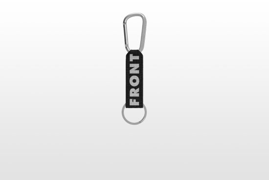 Keychain mockup showcasing a black fabric loop with the text FRONT and a metal carabiner and key ring on a white background. Ideal for design presentations.