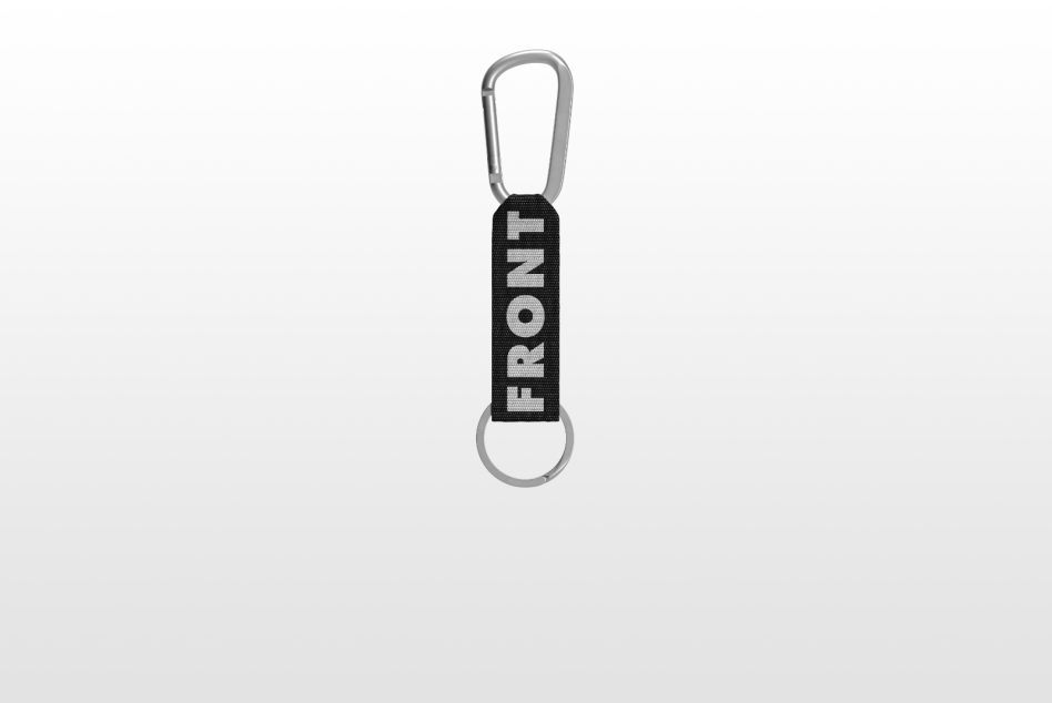 Keychain mockup showcasing a black fabric loop with the text FRONT and a metal carabiner and key ring on a white background. Ideal for design presentations.