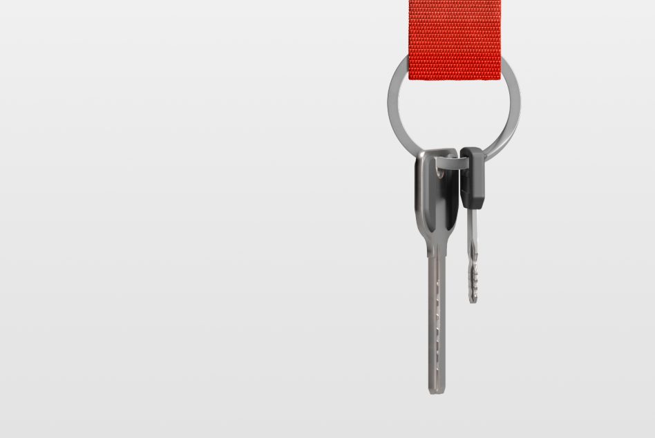 Digital mockup of a keyring with two keys on a red lanyard against a clean white background. Ideal for graphic designers and template creators.