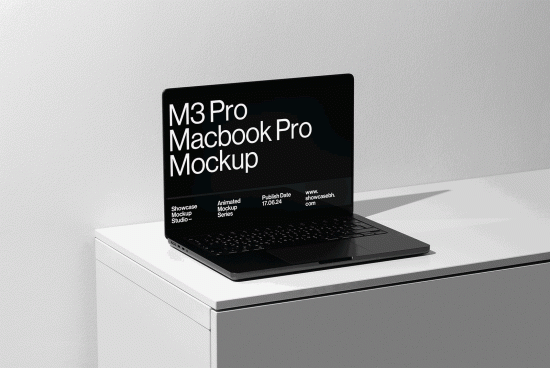 Animated M3 Pro Macbook Pro Mockup on a white surface suitable for designers digital assets marketplace showcasing mockups templates for creatives SEO