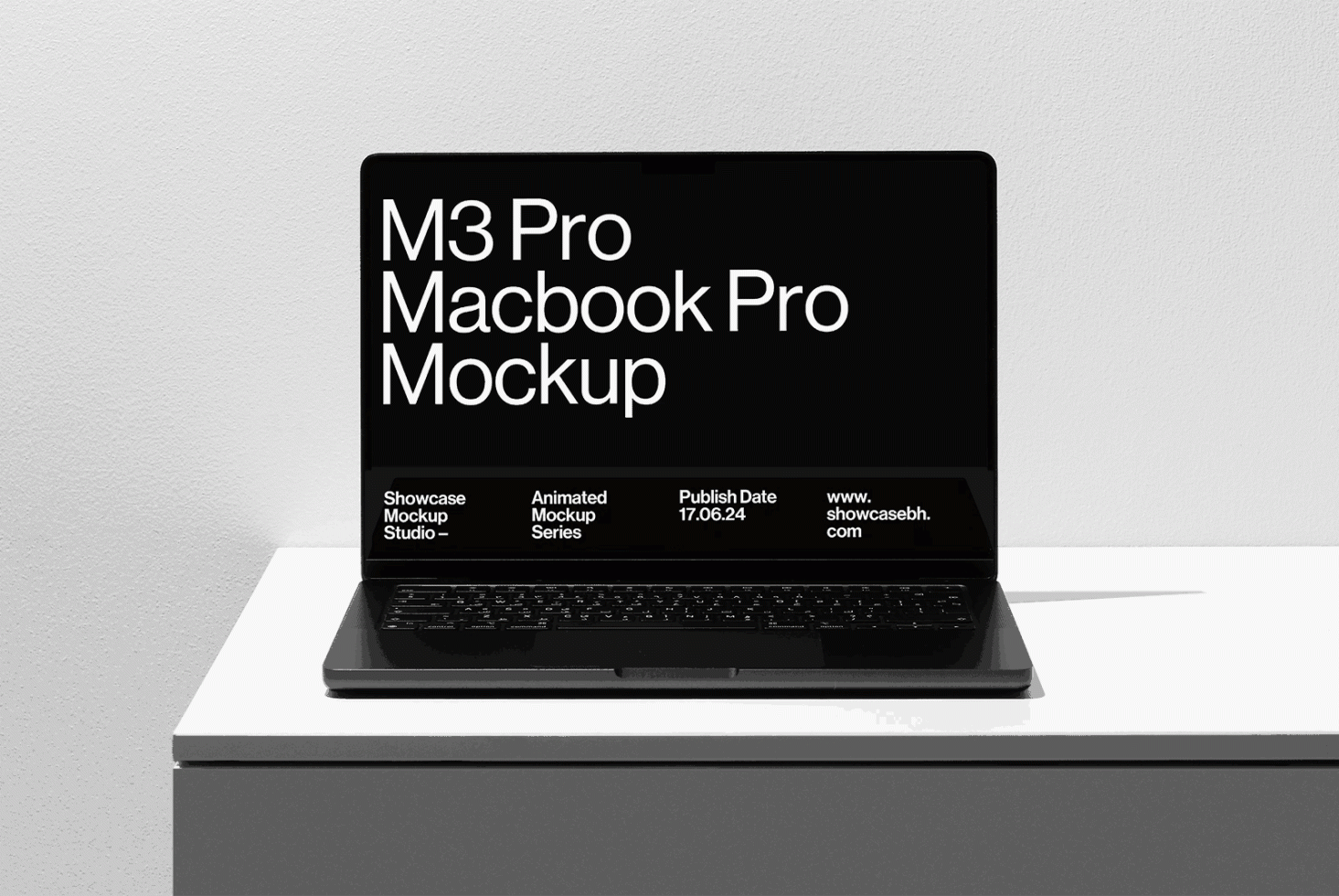 M3 Pro MacBook Pro mockup on a table. Ideal for showcasing digital designs. Animated mockup series for designers. Publish date 17.06.24. Showcase Mockup Studio.