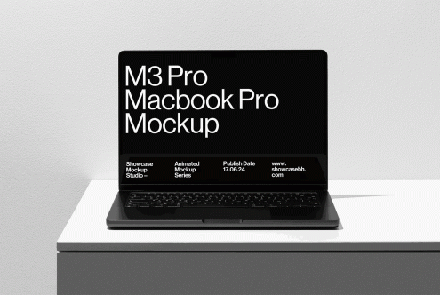 M3 Pro MacBook Pro mockup on a table. Ideal for showcasing digital designs. Animated mockup series for designers. Publish date 17.06.24. Showcase Mockup Studio.